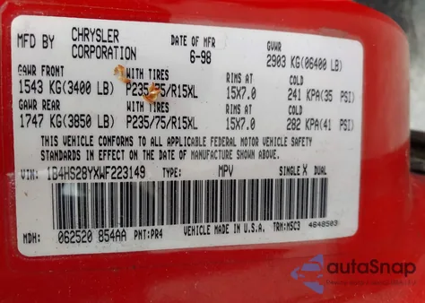 1998 Dodge Durango Slt из США, поврежденный, VIN 1B4HS28YXWF223149